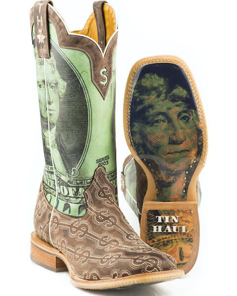 A cowboy boot with US currency superimposed on it