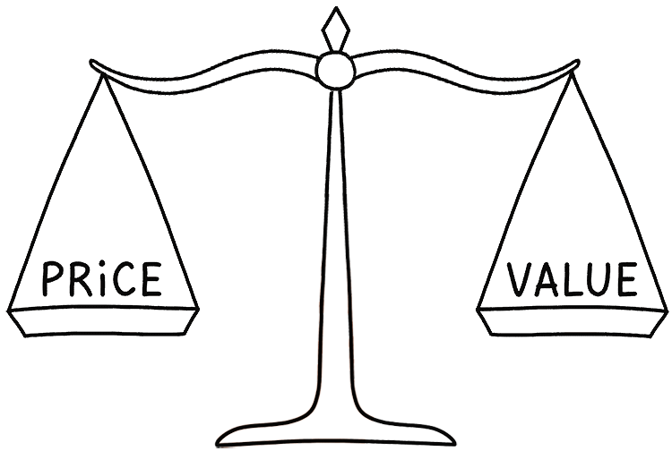 An illustrated weighing scale with price on one arm and value on the other